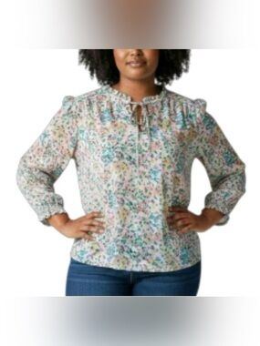 Carolina Belle Cream Floral Tie-Neck Peasant Blouse Sz 2X